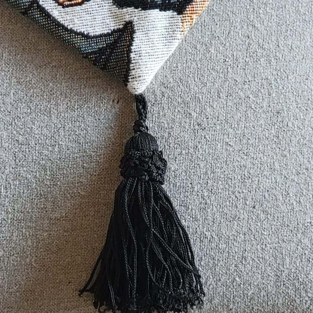 Vtg Halloween-Themed Tapestry Table Runner With Black Tassel Ends - Picture 5 of 11